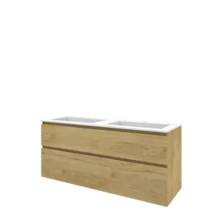 Proline Bathroom furniture - Washbasin elegant polystone - Ideal oak/Matt white - 140x46x62 cm - Double washbasin with 2 tap holes - 2 asymmetrical drawers