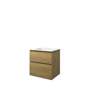 Proline Bathroom furniture - Washbasin elegant polystone - Ideal oak/Matt white - 60x46x62 cm - Single washbasin with 1 tap hole - 2 asymmetrical drawers