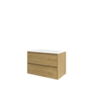 Proline Bathroom furniture - Washbasin elegant polystone - Ideal oak/Matt white - 80x46x54 cm - Single washbasin with 1 tap hole - 2 symmetrical drawers