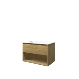 Proline Bathroom furniture - Washbasin elegant polystone - Ideal oak/Matt white - 80x46x54 cm - Single washbasin without tap hole - 1 drawer and 1 open shelf