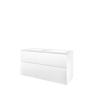 Proline Bathroom furniture - Washbasin elegant polystone - Matt white/Gloss white - 120x46x62 cm - Double washbasin with 2 tap holes - 4 asymmetrical drawers