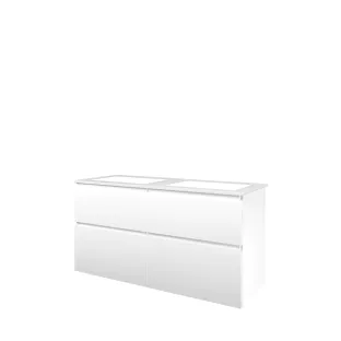 Proline Bathroom furniture - Washbasin elegant polystone - Matt white/Gloss white - 120x46x62 cm - Double washbasin without tap hole - 4 asymmetrical drawers