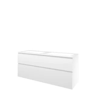 Proline Bathroom furniture - Washbasin elegant polystone - Matt white/Gloss white - 140x46x62 cm - Double washbasin without tap hole - 2 asymmetrical drawers