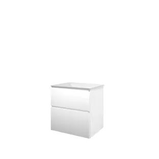 Proline Bathroom furniture - Washbasin elegant polystone - Matt white/Gloss white - 60x46x62 cm - Single washbasin with 1 tap hole - 2 asymmetrical drawers