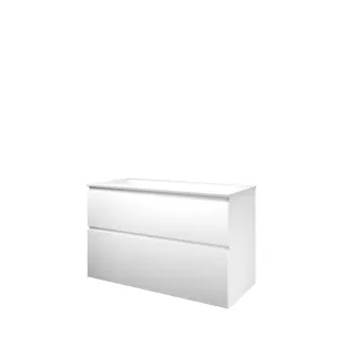 Proline Bathroom furniture - Washbasin elegant polystone - Matt white/Matt white - 100x46x62 cm - Single washbasin with 2 tap holes - 2 asymmetrical drawers