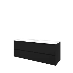 Proline Bathroom furniture - Washbasin elegant polystone - Matt black/Gloss white - 140x46x54 cm - Double washbasin with 2 tap holes - 2 symmetrical drawers