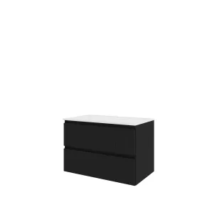 Proline Bathroom furniture - Elegant polystone washbasin - Matt black/Gloss white - 80x46x54 cm - Single washbasin with 1 tap hole - 2 drawers milled vertically