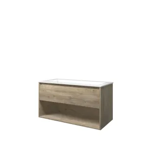 Proline Bathroom furniture - Washbasin elegant polystone - Raw oak/Gloss white - 100x46x54 cm - Single washbasin with 1 tap hole - 1 drawer and 1 open shelf