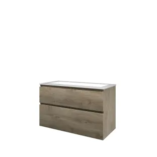 Proline Bathroom furniture - Washbasin elegant polystone - Raw oak/Gloss white - 100x46x62 cm - Single washbasin with 2 tap holes - 2 asymmetrical drawers