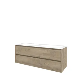 Proline Bathroom furniture - Washbasin elegant polystone - Raw oak/Gloss white - 140x46x54 cm - Double washbasin with 2 tap holes - 2 symmetrical drawers