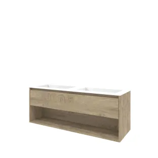 Proline Bathroom furniture - Washbasin elegant polystone - Raw oak/Gloss white - 140x46x54 cm - Double washbasin without tap hole - 1 drawer and 1 open shelf