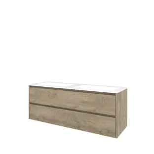 Proline Bathroom furniture - Washbasin elegant polystone - Raw oak/Gloss white - 140x46x54 cm - Double washbasin without tap hole - 2 symmetrical drawers