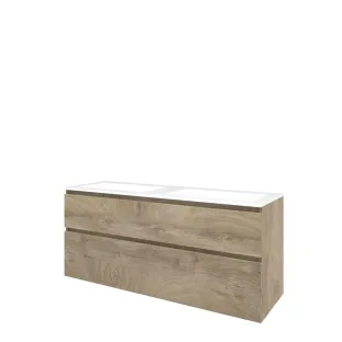 Proline Bathroom furniture - Washbasin elegant polystone - Raw oak/Gloss white - 140x46x62 cm - Double washbasin with 2 tap holes - 2 asymmetrical drawers