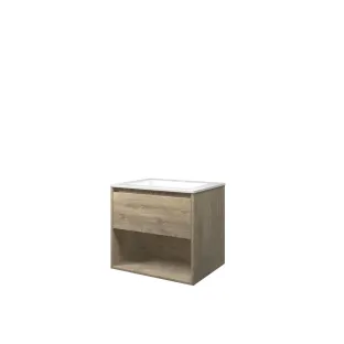 Proline Bathroom furniture - Washbasin elegant polystone - Raw oak/Gloss white - 60x46x54 cm - Single washbasin with 1 tap hole - 1 drawer and 1 open shelf