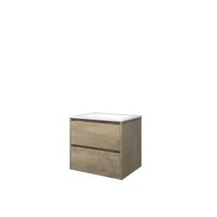 Proline Bathroom furniture - Washbasin elegant polystone - Raw oak/Gloss white - 60x46x54 cm - Single washbasin with 1 tap hole - 2 symmetrical drawers