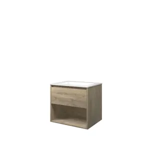 Proline Bathroom furniture - Washbasin elegant polystone - Raw oak/Gloss white - 60x46x54 cm - Single washbasin without tap hole - 1 drawer and 1 open shelf