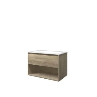 Proline Bathroom furniture - Washbasin elegant polystone - Raw oak/Gloss white - 80x46x54 cm - Single washbasin without tap hole - 1 drawer and 1 open shelf