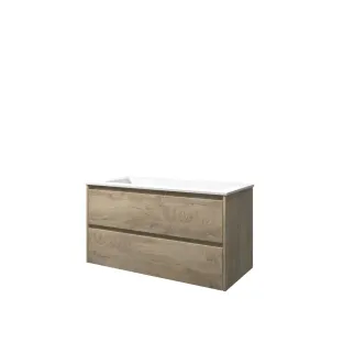 Proline Bathroom furniture - Washbasin elegant polystone - Raw oak/Matt white - 100x46x54 cm - Single washbasin without tap hole - 2 symmetrical drawers