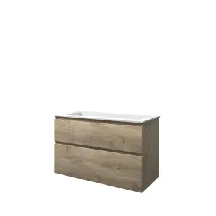 Proline Bathroom furniture - Washbasin elegant polystone - Raw oak/Matt white - 100x46x62 cm - Single washbasin without tap hole - 2 asymmetrical drawers