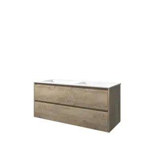 Proline Bathroom furniture - Washbasin elegant polystone - Raw oak/Matt white - 120x46x54 cm - Double washbasin with 2 tap holes - 2 symmetrical drawers