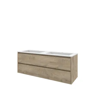 Proline Bathroom furniture - Washbasin elegant polystone - Raw oak/Matt white - 140x46x54 cm - Double washbasin with 2 tap holes - 2 symmetrical drawers