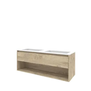 Proline Bathroom furniture - Washbasin elegant polystone - Raw oak/Matt white - 140x46x54 cm - Double washbasin without tap hole - 1 drawer and 1 open shelf