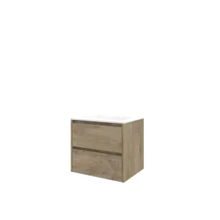 Proline Bathroom furniture - Washbasin elegant polystone - Raw oak/Matt white - 60x46x54 cm - Single washbasin with 1 tap hole - 2 symmetrical drawers