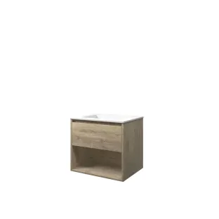 Proline Bathroom furniture - Washbasin elegant polystone - Raw oak/Matt white - 60x46x54 cm - Single washbasin without tap hole - 1 drawer and 1 open shelf