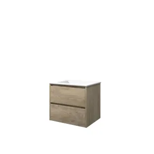 Proline Bathroom furniture - Washbasin elegant polystone - Raw oak/Matt white - 60x46x54 cm - Single washbasin without tap hole - 2 symmetrical drawers