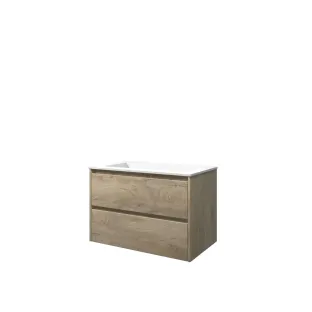 Proline Bathroom furniture - Washbasin elegant polystone - Raw oak/Matt white - 80x46x54 cm - Single washbasin without tap hole - 2 symmetrical drawers