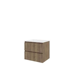 Proline Bathroom furniture - Washbasin elegant polystone - Terra oak/Gloss white - 60x46x54 cm - Single washbasin without tap hole - 2 drawers vertically milled