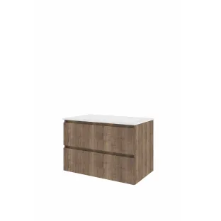 Proline Bathroom furniture - Washbasin elegant polystone - Terra oak/Gloss white - 80x46x54 cm - Single washbasin without tap hole - 2 drawers milled vertically