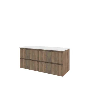 Proline Bathroom furniture - Washbasin elegant polystone - Terra oak/Matt white - 120x46x54 cm - Double washbasin without tap hole - 4 drawers milled vertically