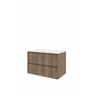 Proline Bathroom furniture - Washbasin elegant polystone - Terra oak/Matt white - 80x46x54 cm - Single washbasin without tap hole - 2 drawers vertically milled