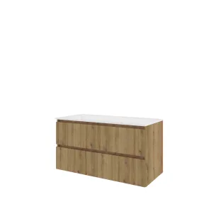 Proline Bathroom furniture - Elegant polystone washbasin - Urban oak/Gloss white - 100x46x54 cm - Single washbasin with 2 tap holes - 2 vertically milled drawers