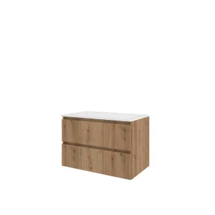 Proline Bathroom furniture - Washbasin elegant polystone - Urban oak/Gloss white - 80x46x54 cm - Single washbasin with 1 tap hole - 2 drawers milled vertically