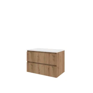 Proline Bathroom furniture - Washbasin elegant polystone - Urban oak/Gloss white - 80x46x54 cm - Single washbasin without tap hole - 2 drawers vertically milled