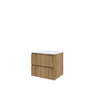 Proline Bathroom furniture - Elegant polystone washbasin - Urban oak/Matt white - 60x46x54 cm - Single washbasin with 1 tap hole - 2 vertically milled drawers