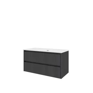 Proline Bathroom furniture - Elegant porcelain washbasin - Black oak/Gloss white - 100x46x54 cm - Single washbasin with 1 tap hole - 2 symmetrical drawers