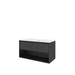 Proline Bathroom furniture - Elegant porcelain washbasin - Black oak/Gloss white - 100x46x54 cm - Single washbasin without tap hole - 1 drawer and 1 open shelf