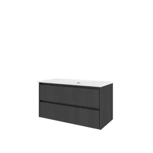 Proline Bathroom furniture - Elegant porcelain washbasin - Black oak/Gloss white - 100x46x54 cm - Single washbasin without tap hole - 2 symmetrical drawers