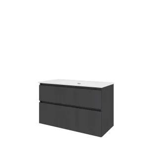 Proline Bathroom furniture - Elegant porcelain washbasin - Black oak/Gloss white - 100x46x62 cm - Single washbasin with 1 tap hole - 2 asymmetrical drawers