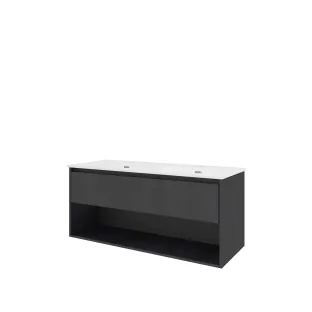 Proline Bathroom furniture - Elegant porcelain washbasin - Black oak/Gloss white - 120x46x54 cm - Double washbasin with 2 tap holes - 1 drawer and 1 open shelf