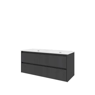 Proline Bathroom furniture - Elegant porcelain washbasin - Black oak/Gloss white - 120x46x54 cm - Double washbasin with 2 tap holes - 2 symmetrical drawers