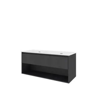 Proline Bathroom furniture - Elegant porcelain washbasin - Black oak/Gloss white - 120x46x54 cm - Double washbasin without tap hole - 1 drawer and 1 open shelf