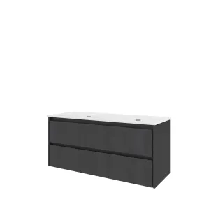 Proline Bathroom furniture - Elegant porcelain washbasin - Black oak/Gloss white - 120x46x54 cm - Double washbasin without tap hole - 2 symmetrical drawers