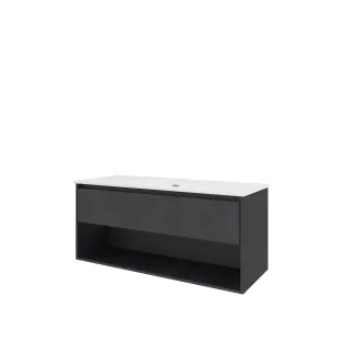 Proline Bathroom furniture - Elegant porcelain washbasin - Black oak/Gloss white - 120x46x54 cm - Single washbasin with 1 tap hole - 1 drawer and 1 open shelf