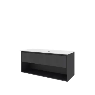 Proline Bathroom furniture - Elegant porcelain washbasin - Black oak/Gloss white - 120x46x54 cm - Single washbasin without tap hole - 1 drawer and 1 open shelf