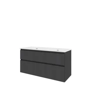 Proline Bathroom furniture - Elegant porcelain washbasin - Black oak/Gloss white - 120x46x62 cm - Double washbasin with 2 tap holes - 2 asymmetrical drawers