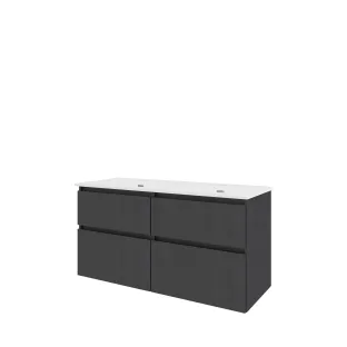 Proline Bathroom furniture - Elegant porcelain washbasin - Black oak/Gloss white - 120x46x62 cm - Double washbasin with 2 tap holes - 4 asymmetrical drawers